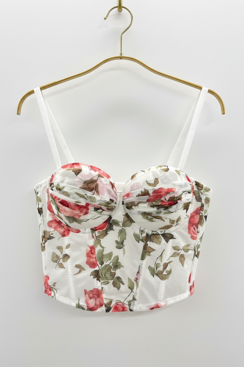 Bustier floral sobre percha dorada