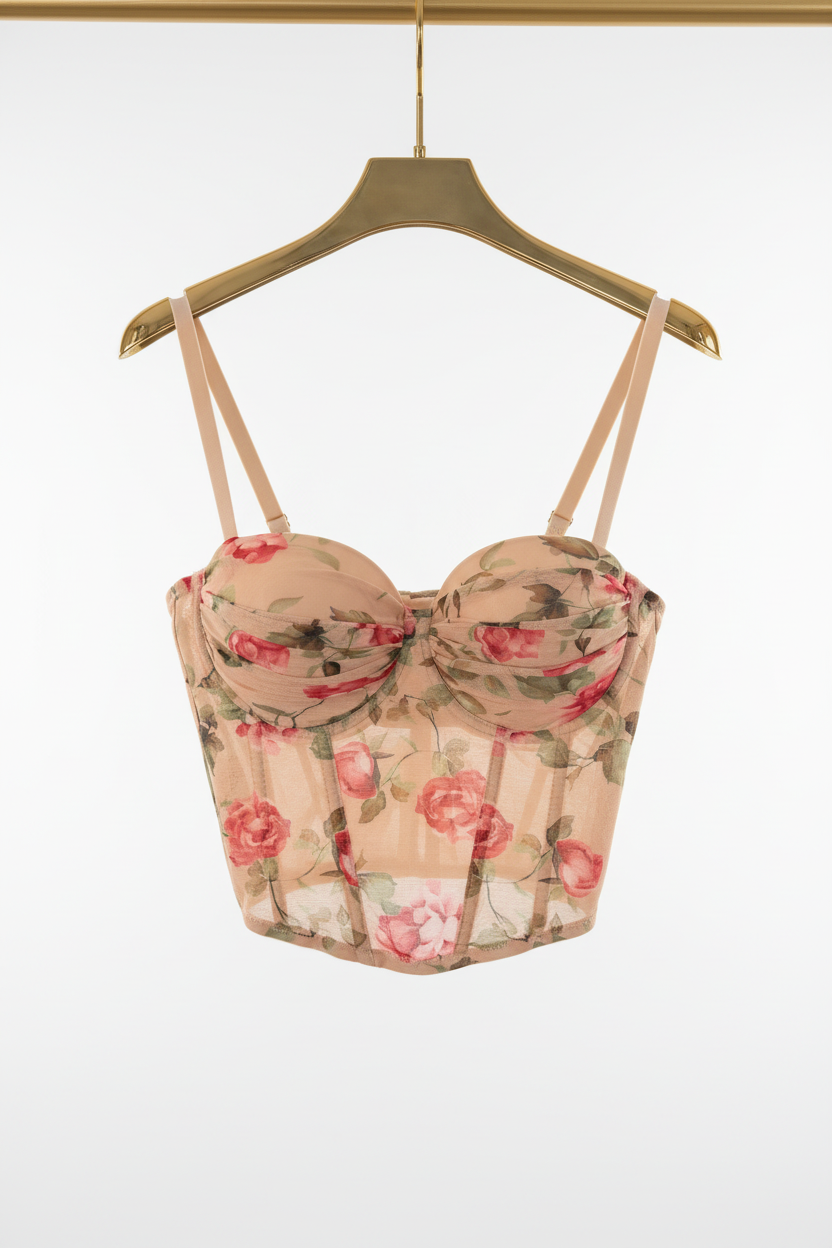 Corsé floral en percha dorada